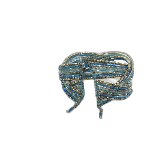 Turquoise Braided Flexible Spring Wires with Beads Cuff Bangle Bracelet 7" Wide - Picture 4 of 5